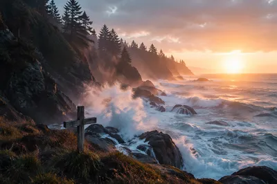 Sunrise Waves and Cross by Evergreen Cliffs