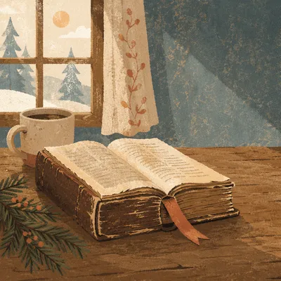 Vintage Worn Bible with Evergreen Sprigs