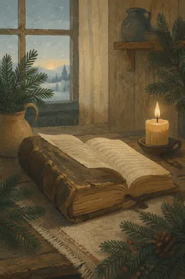 Vintage Worn Bible with Evergreen and Candle