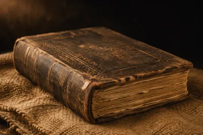 Old Worn Bible on Rustic Burlap