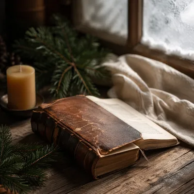 Old Worn Bible with Evergreen Sprigs