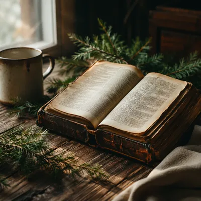 Old Worn Bible with Evergreen Morning Light