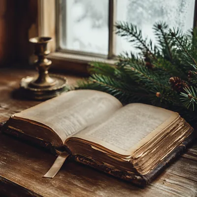 Vintage Worn Bible with Evergreen Branches