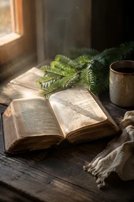 Old Worn Bible with Evergreen Sprigs