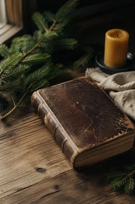 Old Worn Bible with Evergreen Sprigs