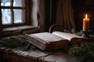 Old Worn Bible with Evergreen Sprigs