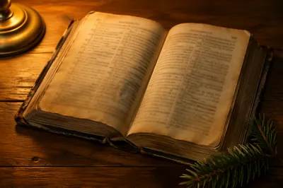 Old Worn Bible with Evergreen Sprig