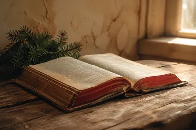 Vintage Worn Bible with Evergreen Sprig