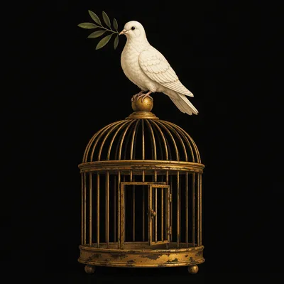 White Dove With Olive Branch on Golden Cage