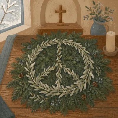 Olive Branch Peace Symbol on Evergreen Boughs