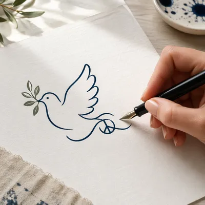 Hand Drawing Dove With Olive Branch