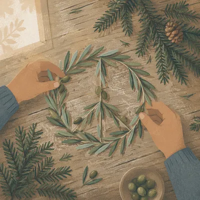 Olive Branch Peace Symbol on Evergreen Table