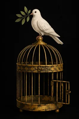 White Dove With Olive Branch on Golden Cage