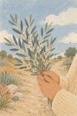 Hands Holding Evergreen Olive Branch Bouquet