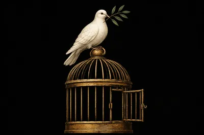 White Dove with Olive Branch on Golden Cage
