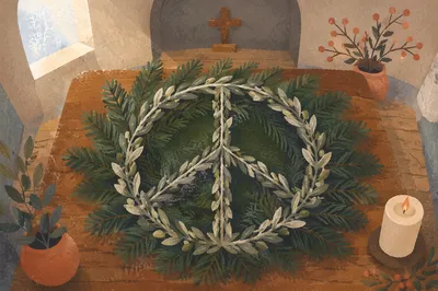 Olive Branch Peace Symbol on Evergreen Boughs