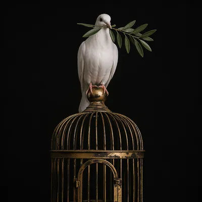 White Dove with Olive Branch on Golden Cage