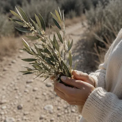 Hands Holding Evergreen Olive Branch Bouquet