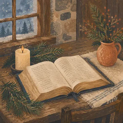 Open Bible with Evergreen Candlelight
