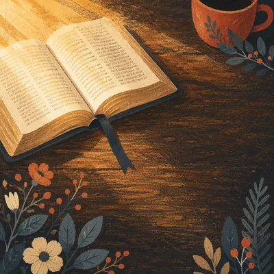Open Bible on Rustic Wooden Table
