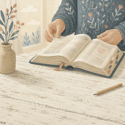 Open Bible on Rustic Wooden Table