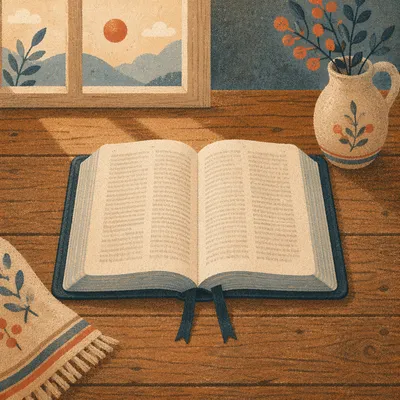 Open Bible on Rustic Wooden Table
