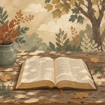 Open Bible on Rustic Wooden Table