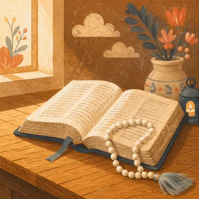 Open Bible with Pearls on Wooden Table