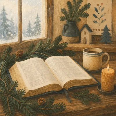 Open Bible with Evergreen Morning Light