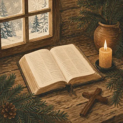 Open Bible with Evergreen Candlelight