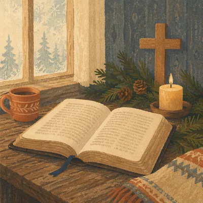 Open Bible with Evergreen Morning Light