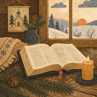Open Bible with Evergreen and Candlelight