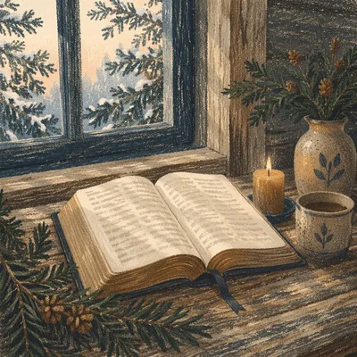 Open Bible with Evergreen and Candle