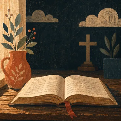 Open Bible on Rustic Wooden Table
