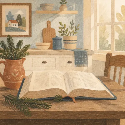 Open Bible with Evergreen Sprigs