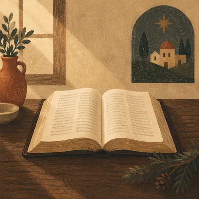 Open Bible on Warm Wooden Table