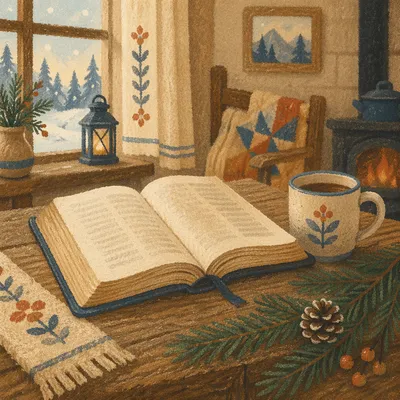 Open Bible with Evergreen on Rustic Table