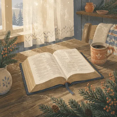 Open Bible with Evergreen Winter Light