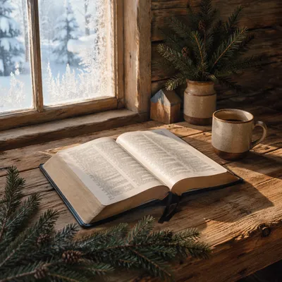 Open Bible with Evergreen Morning Light