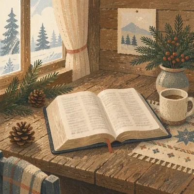 Open Bible with Evergreen Winter Devotion