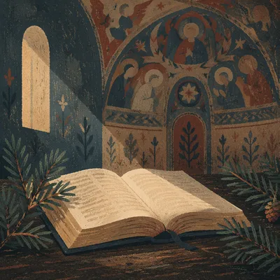 Open Bible with Evergreen in Quiet Chapel