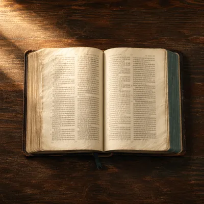 Open Bible on Rustic Wooden Table