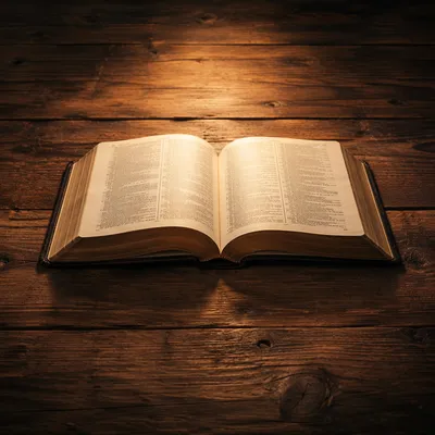 Open Bible on Rustic Wooden Table