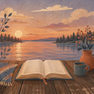 Open Bible by Lakeside at Sunset