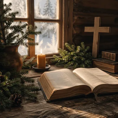 Open Bible with Evergreen Morning Light
