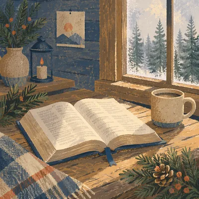 Open Bible on Rustic Evergreen Table