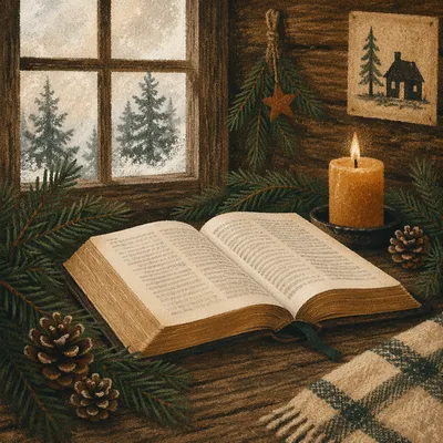 Open Bible with Evergreen Candlelight