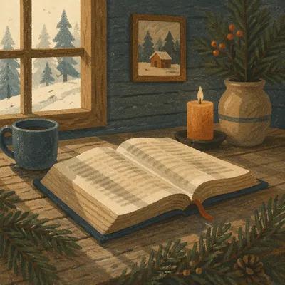 Open Bible with Evergreen Candlelight