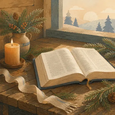 Open Bible with Evergreen on Wooden Table