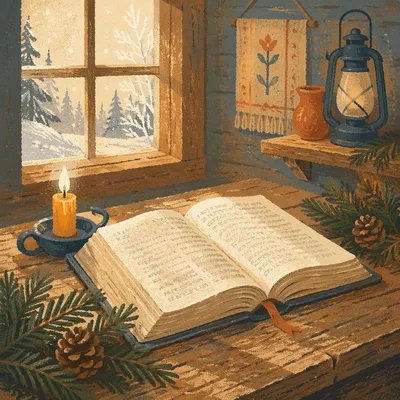 Open Bible with Evergreen Morning Candle